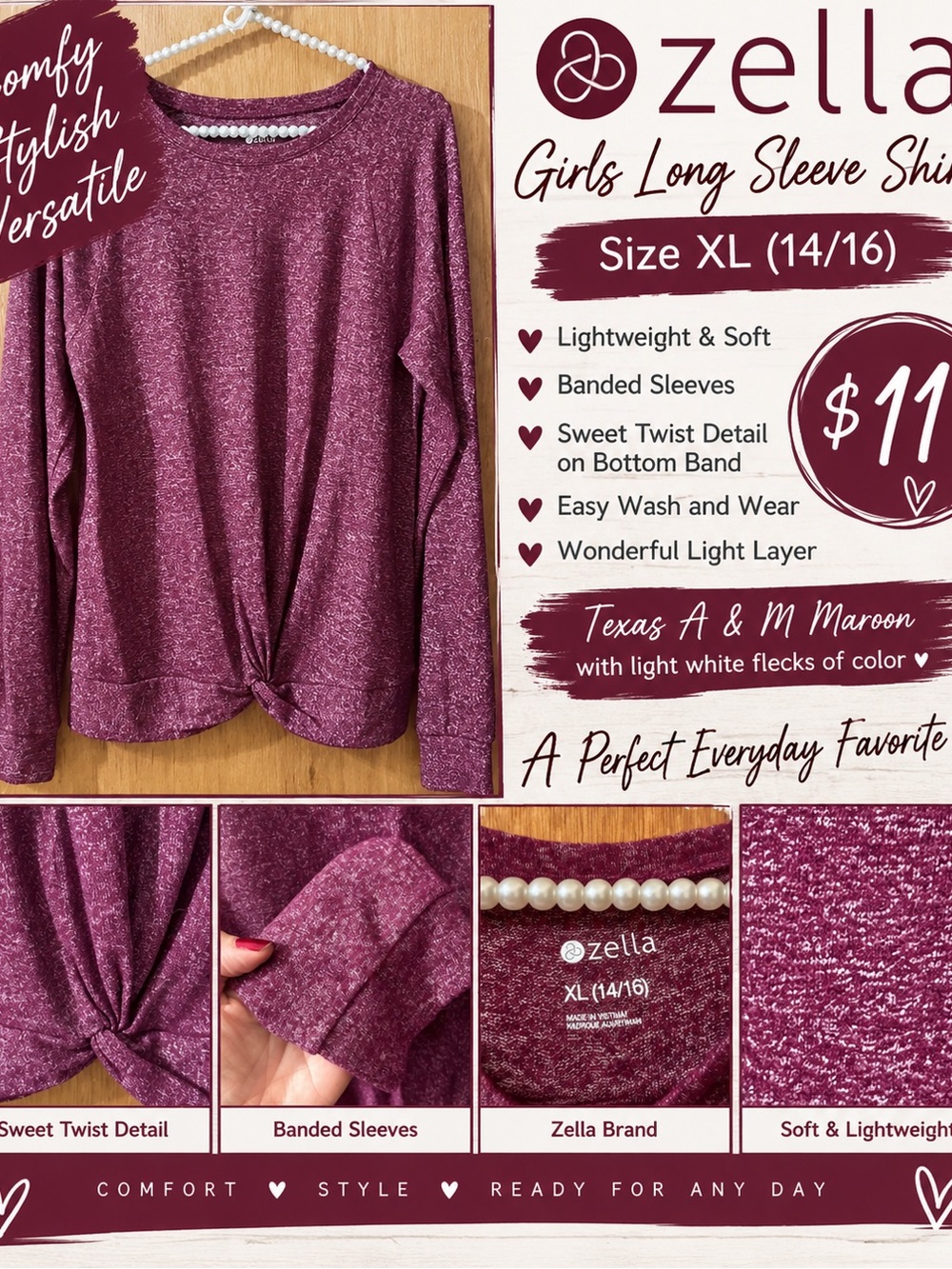 Zella Girls Maroon Heather Twist-Hem Long Sleeve Sweater- (Ladies S)